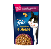 Влажный корм Felix Sensations для взрослых кошек, с уткой в желе со шпинатом