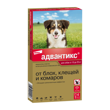 Адвантикс® для собак от 10 до 25 кг для защиты от блох, иксодовых клещей и летающих насекомых и переносимых ими заболеваний. 4 пипетки в упаковке. – интернет-магазин Ле’Муррр